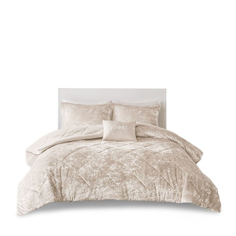 Ensemble d'édredon en velours avec coussin décoratif, Champagne, Édredon double et 3 pièces supplémentaires