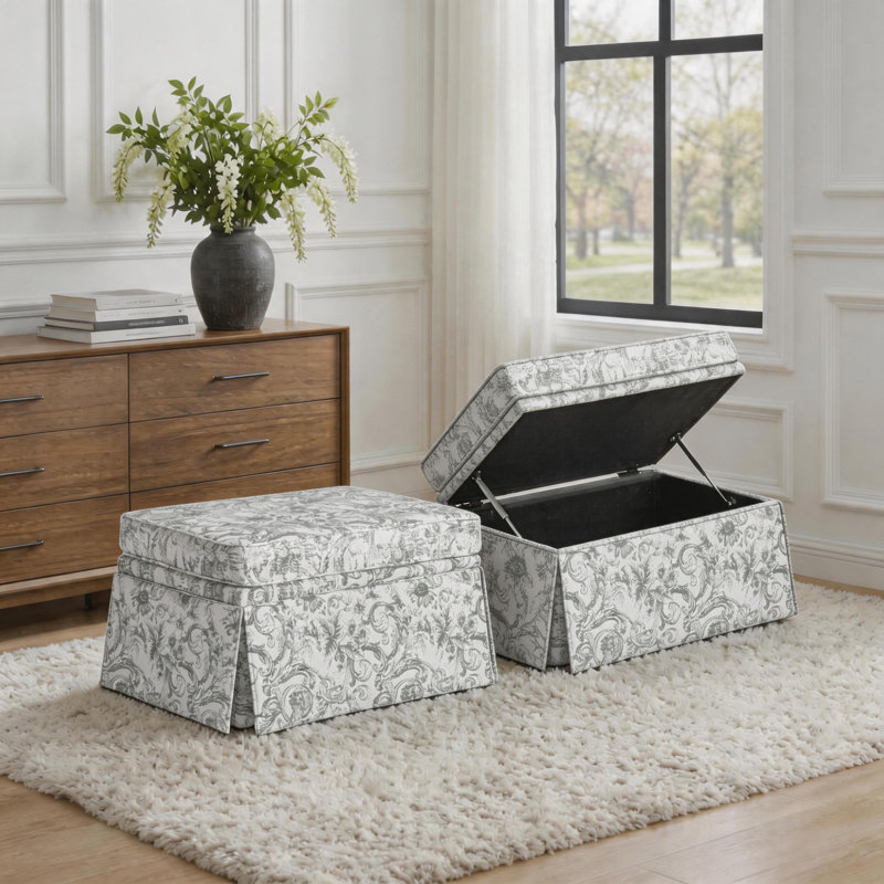 Storage Upholstery Ottoman, Rococo Light Gray Chenille