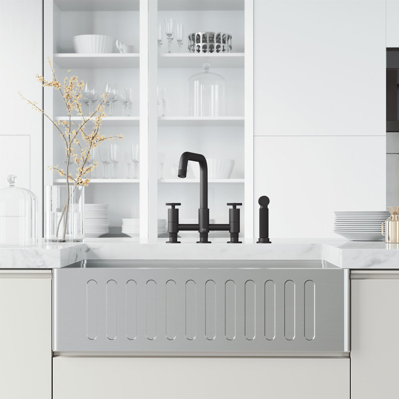Cass 12" H 2-handle Bridge Kitchen Faucet with Side Sprayer, Matte Black