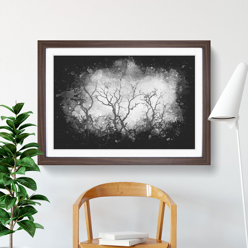 Bird In A Winter Tree Paint Splash - Framed Print, 33cm H x 45cm W x 2cm D, Walnut Framed