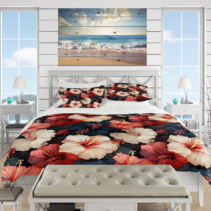 Literie Hibiscus Twilight Ii, Housse de couette pour grand lit et 2 taies décor