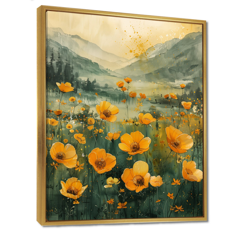 Reproduction d'art murale jaune jaune vert Sunlit Meadow III - Bouton d'or, Toile avec cadre flottant or