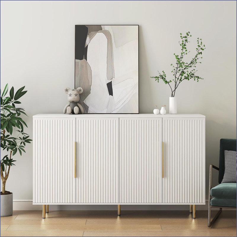 Sideboards Modern White Fluted Buffet Cabinet with Large Storage, Adjustable Shelves | MDF | Credenza