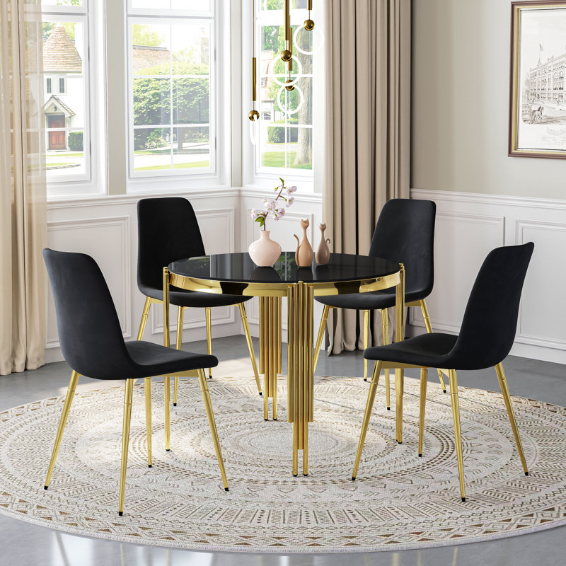 Round Glass Dining Table Set For 4, Modern Irregular Stainless Steel Table With Velvet Cushioned Chairs, Black/Gold