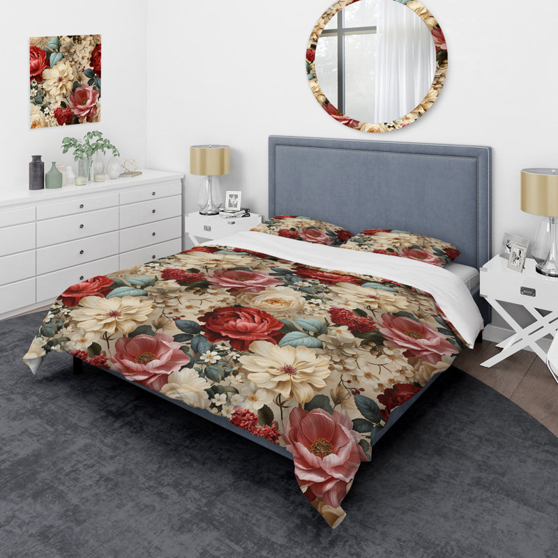 Ensemble de housse de couette à motif floral beige et charme floral rétro, Housse de couette simple + 1 taie décorative stan