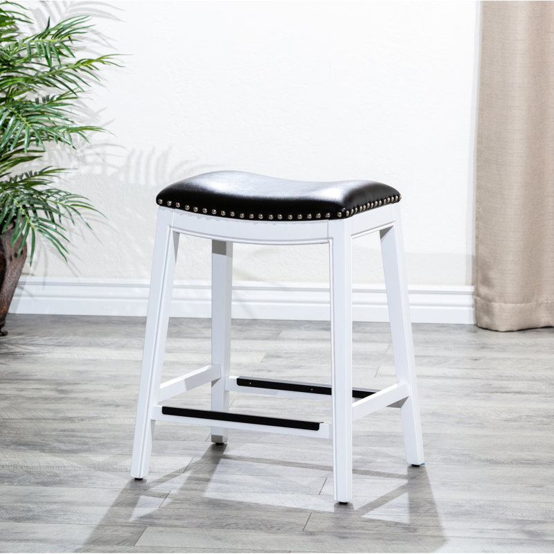 Tabouret de comptoir 24 po blanc avec revêtement en cuir noir et siège élégant, Blanc, Noir