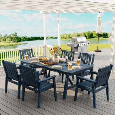 Ensemble de table de salle à manger d'extérieur 7 pièces avec trou pour parasol, table en PEHD et structure en aluminium, ensemble de meubles de jardin toutes saisons pour le jardin, la piscine, la cour, la terrasse, la marine