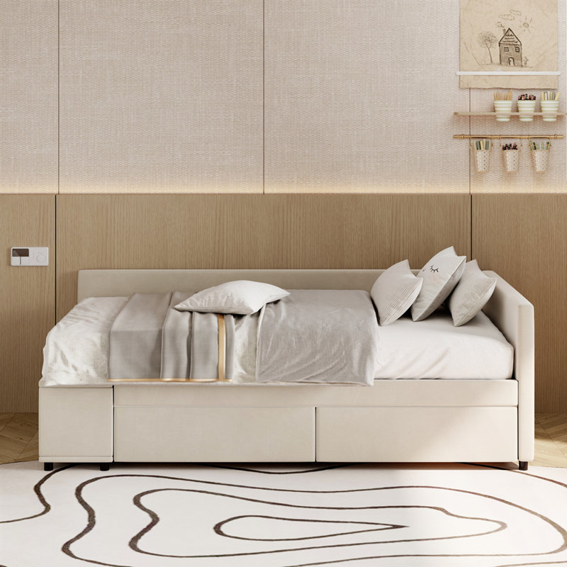 Lit plateforme tapissier en L avec rangement et tiroirs, Beige