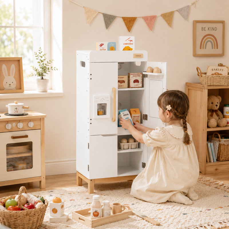 Kids Wooden Pretend Play Refrigerator with Realistic Ice Dispenser & Storage Space