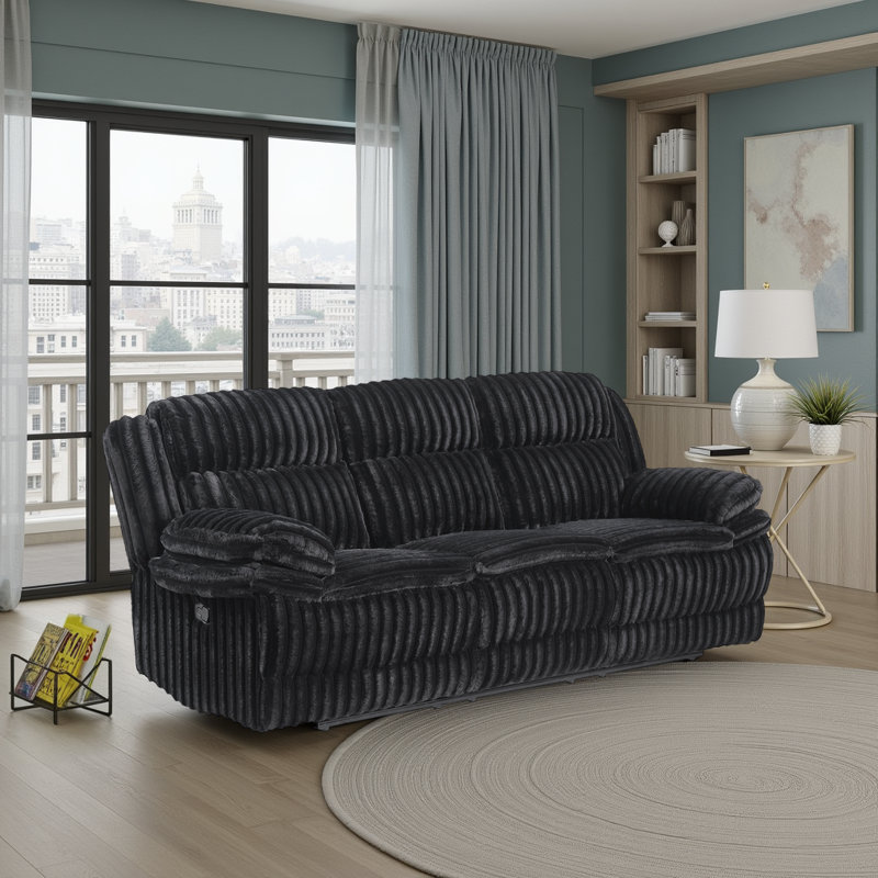 Melita 95" Modern & Contemporary Corduroy Manual Double Reclining Sofa with Tab Pull Reclining Motion & Foam Over Pocket Coils
