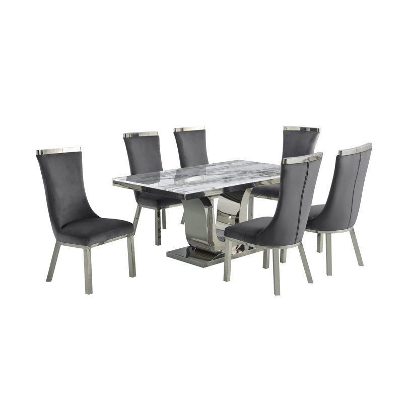 Cayley 6 - Person Pedestal Dining Set, Dark Gray, 7 Piece