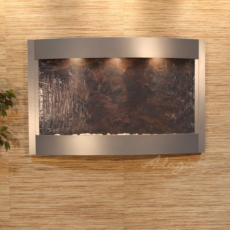 Calming Waters Hand Crafted Natural Stone Weather Resistant Wall Base Fountain with Light, Silver Metallic