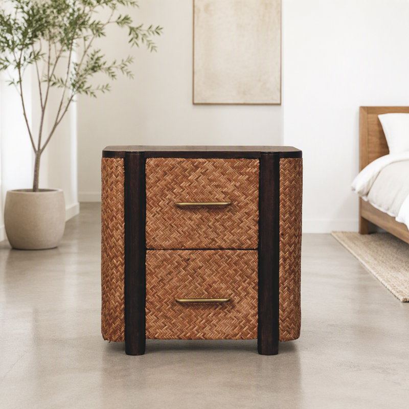 Commode à façade de canne Havana en bois massif, marron, avec 2 tiroirs