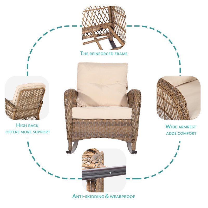 Beige and Brown Wicker Rocking Chair Set with Glass-top Table