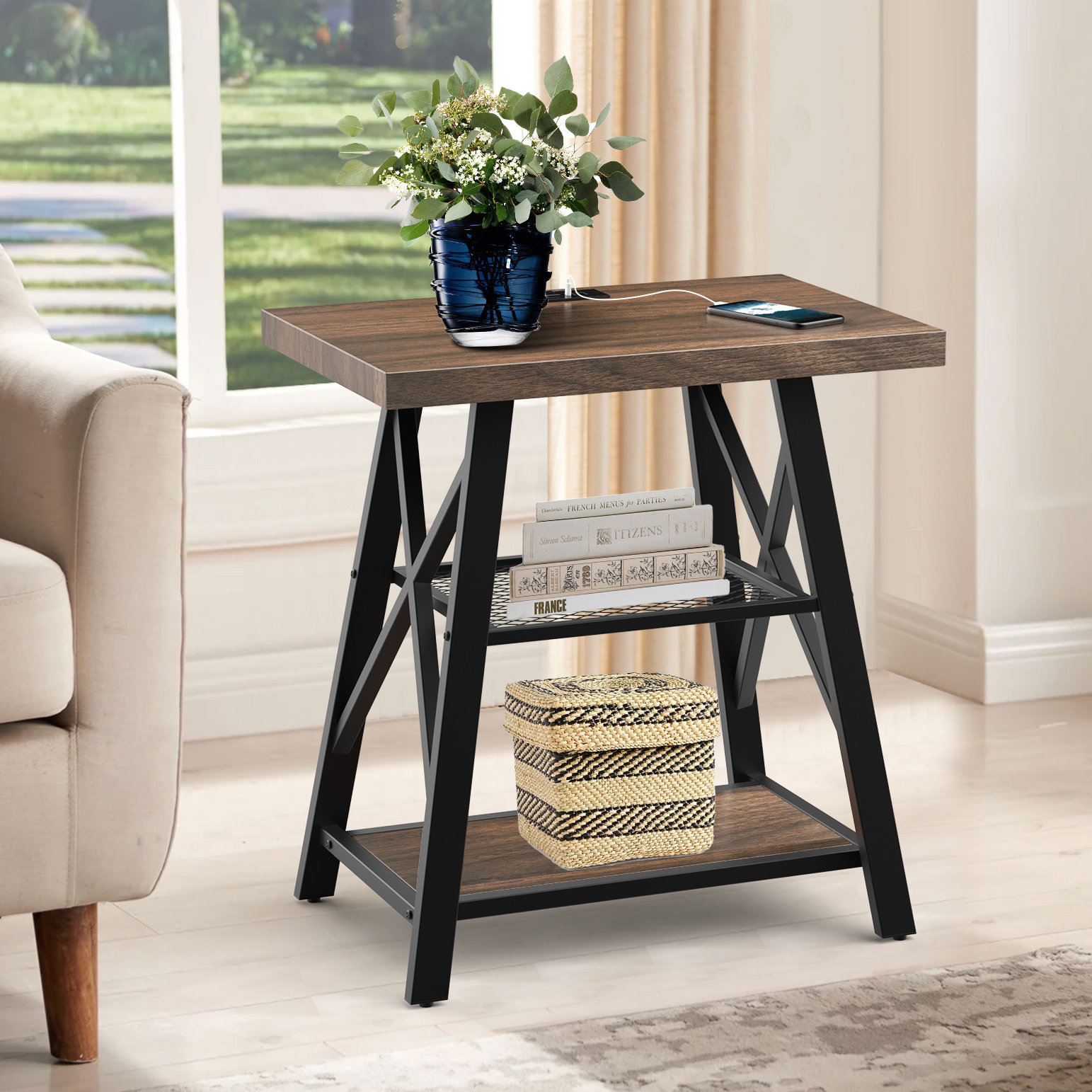 17 Stories Stokesvale Tall End Table Nightstand with 2 USB Ports, 2 Power Outlets, and 2 Storage