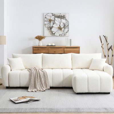 Canapé d'angle modulaire de 110 po avec coussin d'assise coulissant, 4 places, mousse haute densité, structure en métal et bois, tissu bouclé 3 couleurs pour un design d'espaces de détente, quatre éléments, structure différente