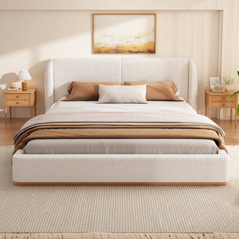 Eloria Modern Boucle Upholstered Bed Frame With Wingback Headboard And Solid Wood Base, California King