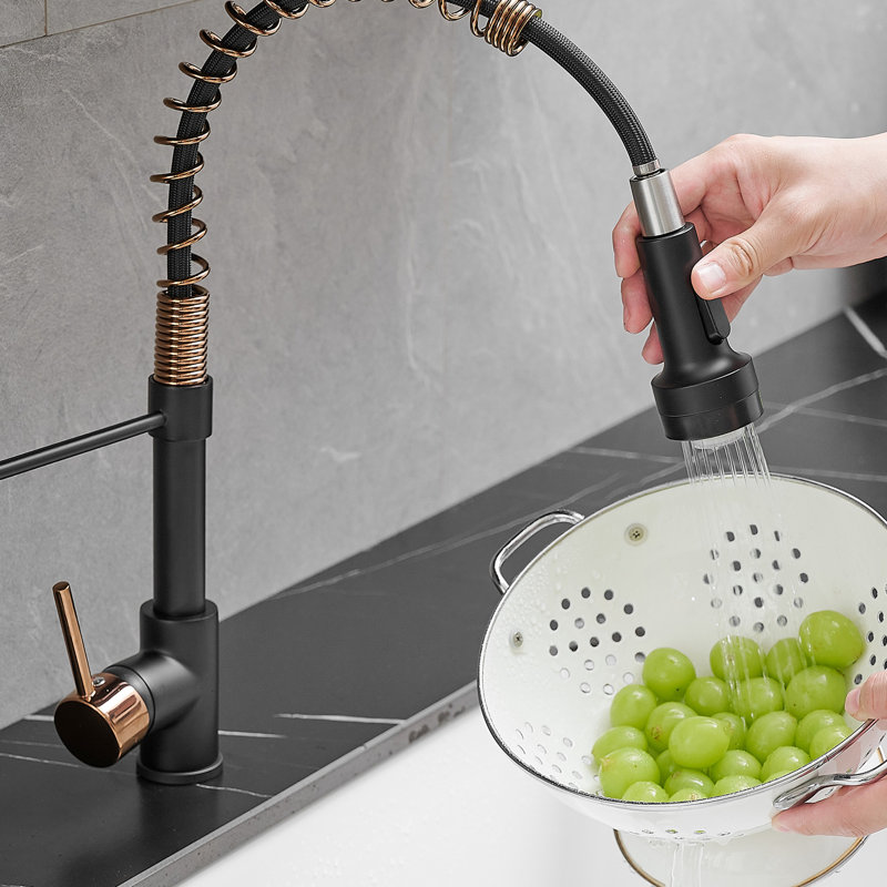 Led Kitchen Faucet With Pull Down , Single Lever, Black And Rose Gold Sink Faucet, Contemporary Style, Brass Main Material, 360 Degree Rotating High Arch Spout, Easy Clean Matte Finish Handle Design,
