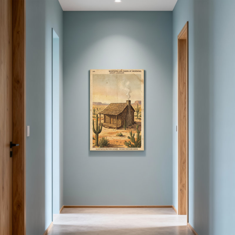 Fashion Western Log Cabin At Morning Desert Landscape, H 36 po x l 24 po