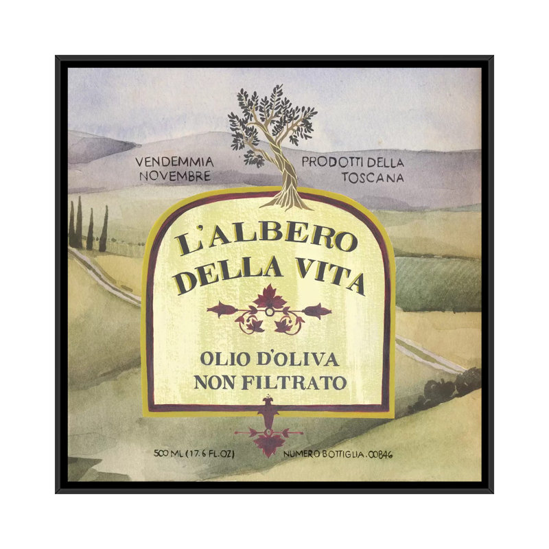 «Olive Oil Labels IV», affiche vintage sur toile, H 37 po x l 37 po x P 1,5 po, Toile avec cadre noir, Pas de tapis