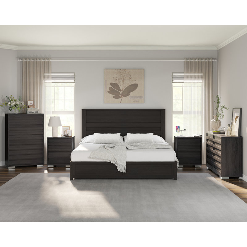  Louby 5 Pieces Farmhouse King Bedroom Set, Black, Black, King