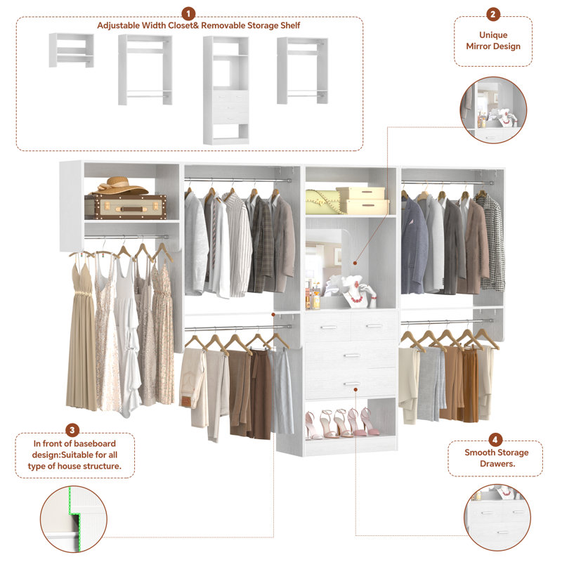 Akaela 119.4" W Walk In Closet System with 6 Drawers, White