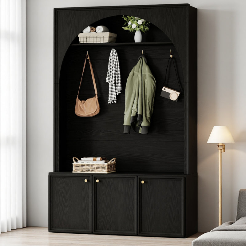 Farmhouse All-In-One Hall Tree With Adjustable Shelves, Retro Arched Entryway Storage Bench With 3 Cabinets, Wooden Coat Rack Organizer With 4 Golden Hooks For Mudroom, Hallway