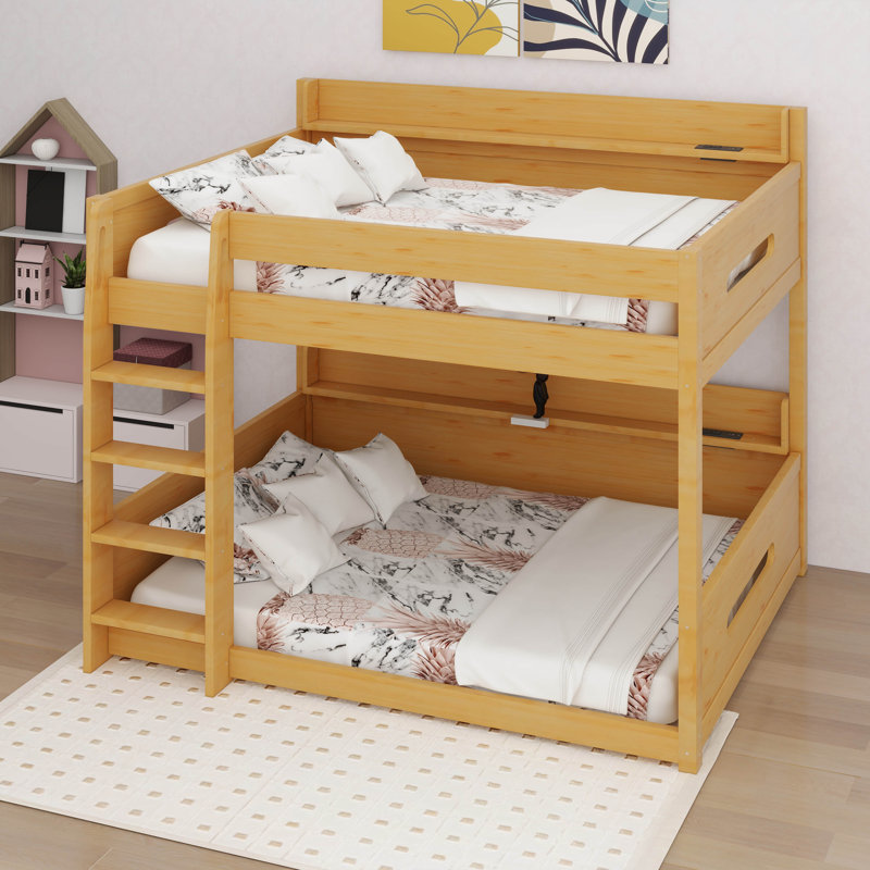 Queen Over Queen Bunk Bed With Storage Shelves & USB Ports, Wood