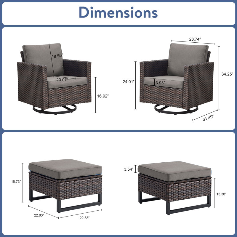 Nazime Outdoor Patio Swivel Rocking Chairs With Ottomans (Set Of 2), Gray