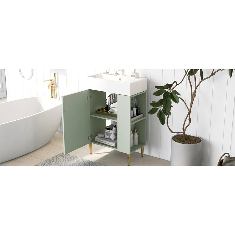 Meuble-lavabo 21,6 po, armoire combinée, meuble de rangement pour salle de bain, lavabo simple en céramique, rangement à droite