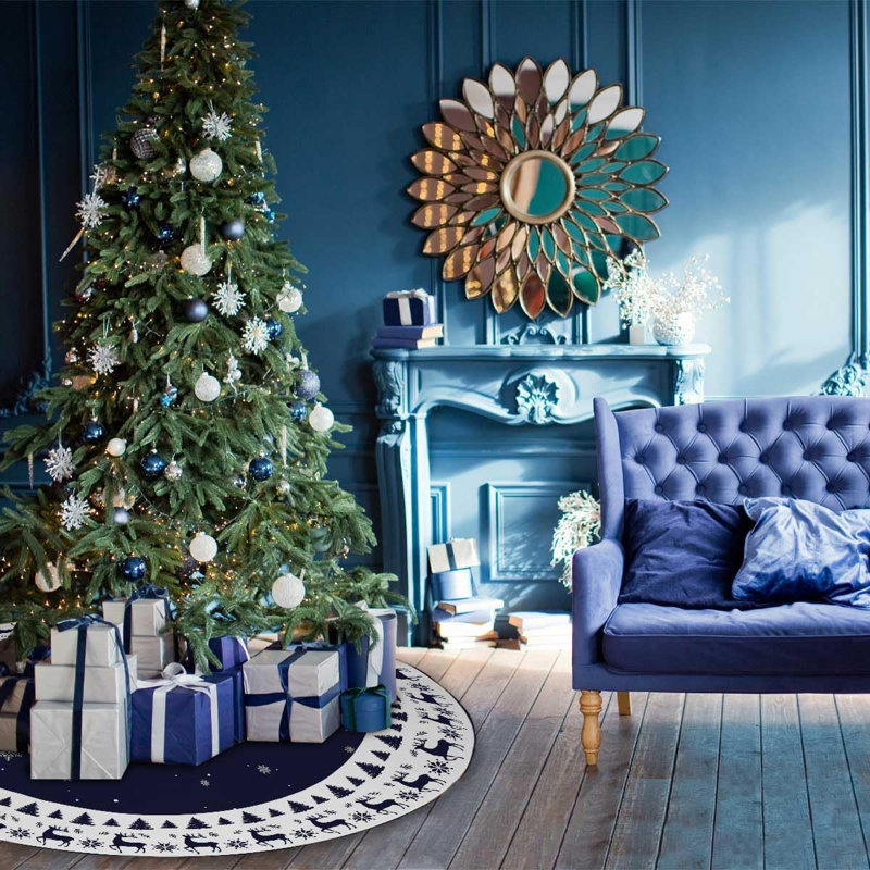 Christmas Tree Skirt with Deer & Snowflake Design, Navy Blue and White Brushed Fabric Xmas Tree Base Cover