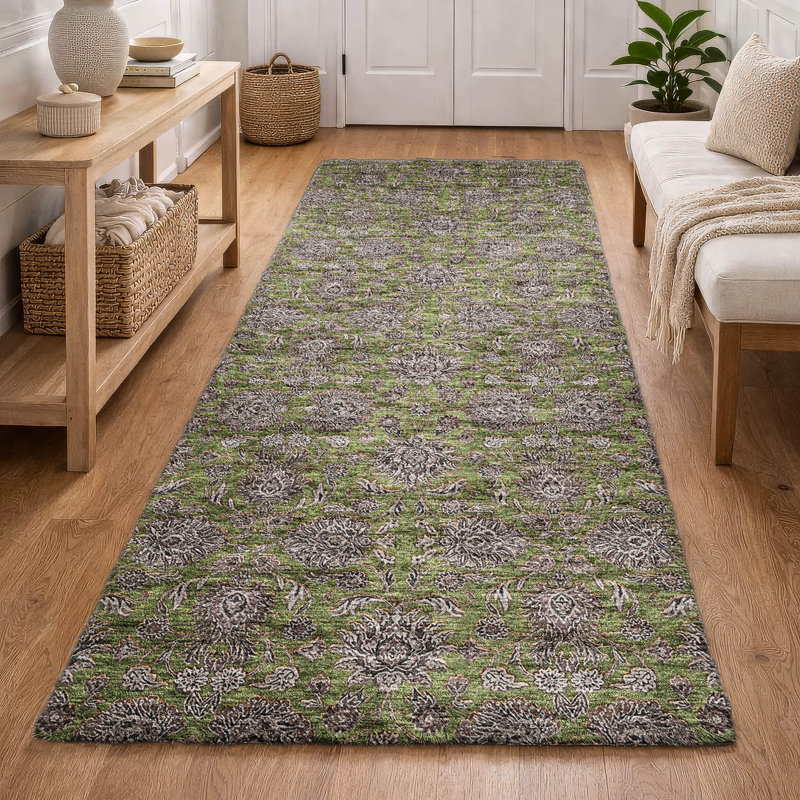 Tapis floral à poils longs de qualité supérieure lavable à la machine ADS702, Olive, Tapis de couloir 2 pi 3 po x 7 pi 6 po