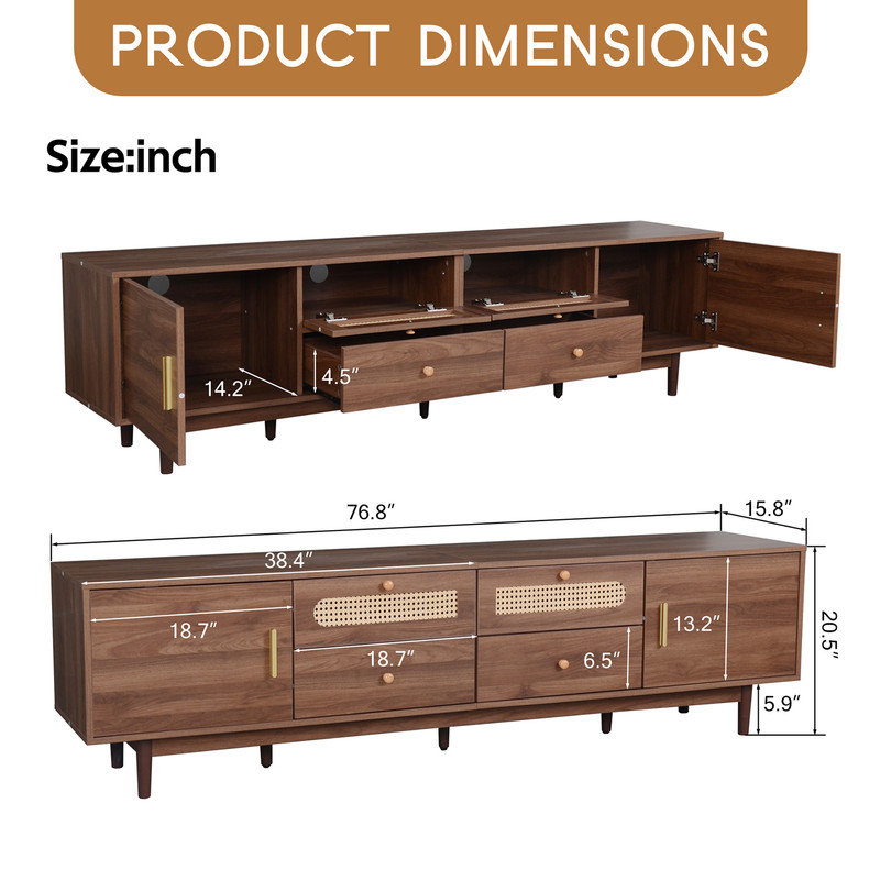 76" Modern TV Stand with Woven Rattan Doors & Drawers, Entertainment Center for up to 85 inch TVs