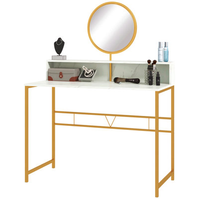 Bureau de maquillage moderne avec miroir, coiffeuse avec rangement ouvert, finition en faux marbre et structure en acier pour la chambre à coucher, blanc et doré