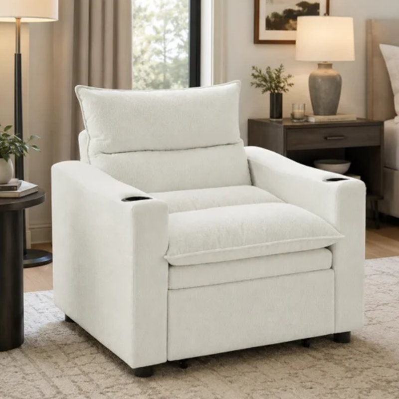 3-Position Convertible Sleeper Chair with Adjustable Backrest, Cup Holders & Padded Cushion, Beige