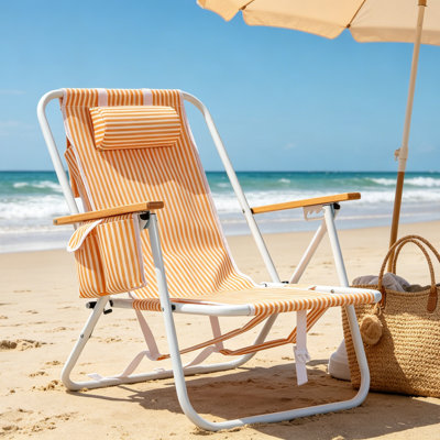 Orange White Vertical Striped Aluminum Folding Beach Chair, Multi-Recline Portable Outdoor Sand Chair With Wood Armrest, Side Cup Pocket & Detachable Headrest, Heavy Duty Lawn Chair For Beach, Patio, Pool & Camping