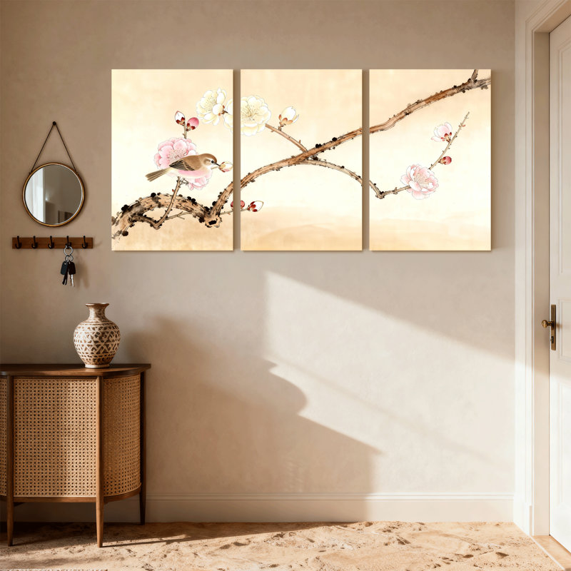 «Birds Bird on Plum Blossom Branch», ensemble de 3 impressions sur toile, H 18 po x l 36 po