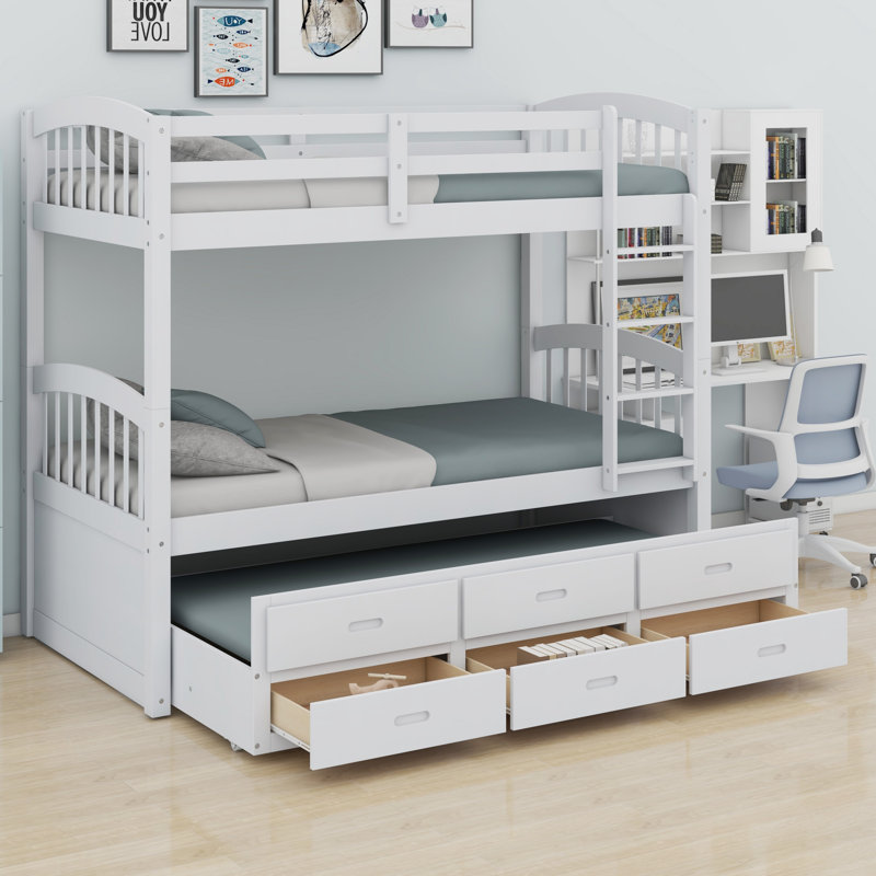 Wood Bunk Bed With Trundle And Drawers, White