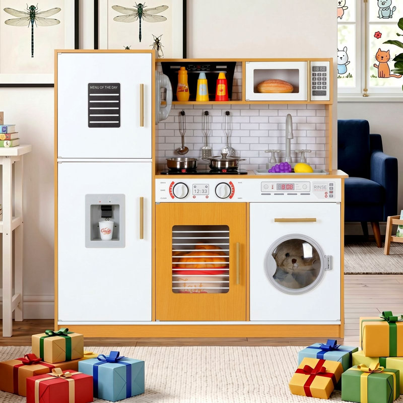 Play Kitchen For Age 3+ Kids, Wooden Chef Pretend Toy Kitchen Washing Machine, Realistic Stove Lights & Sounds, Complete Pretend Set for Preschoolers, Water Dispenser, Stove, Telephone, Range Hood, Oven, Sink(white&orange)