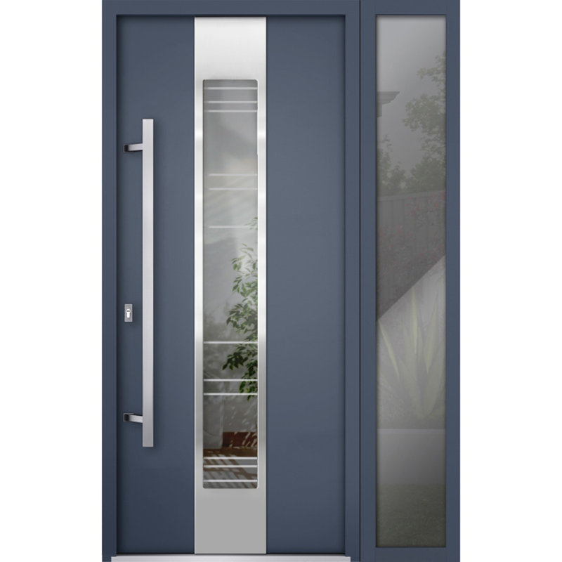 Porte avant en acier pré-suspendue à l'avant / deux en graphite gris 5755 / fenêtre extérieure latérale / inserts en acier inoxydable peints simples modernes - l 36 po x H 80 po - droitier