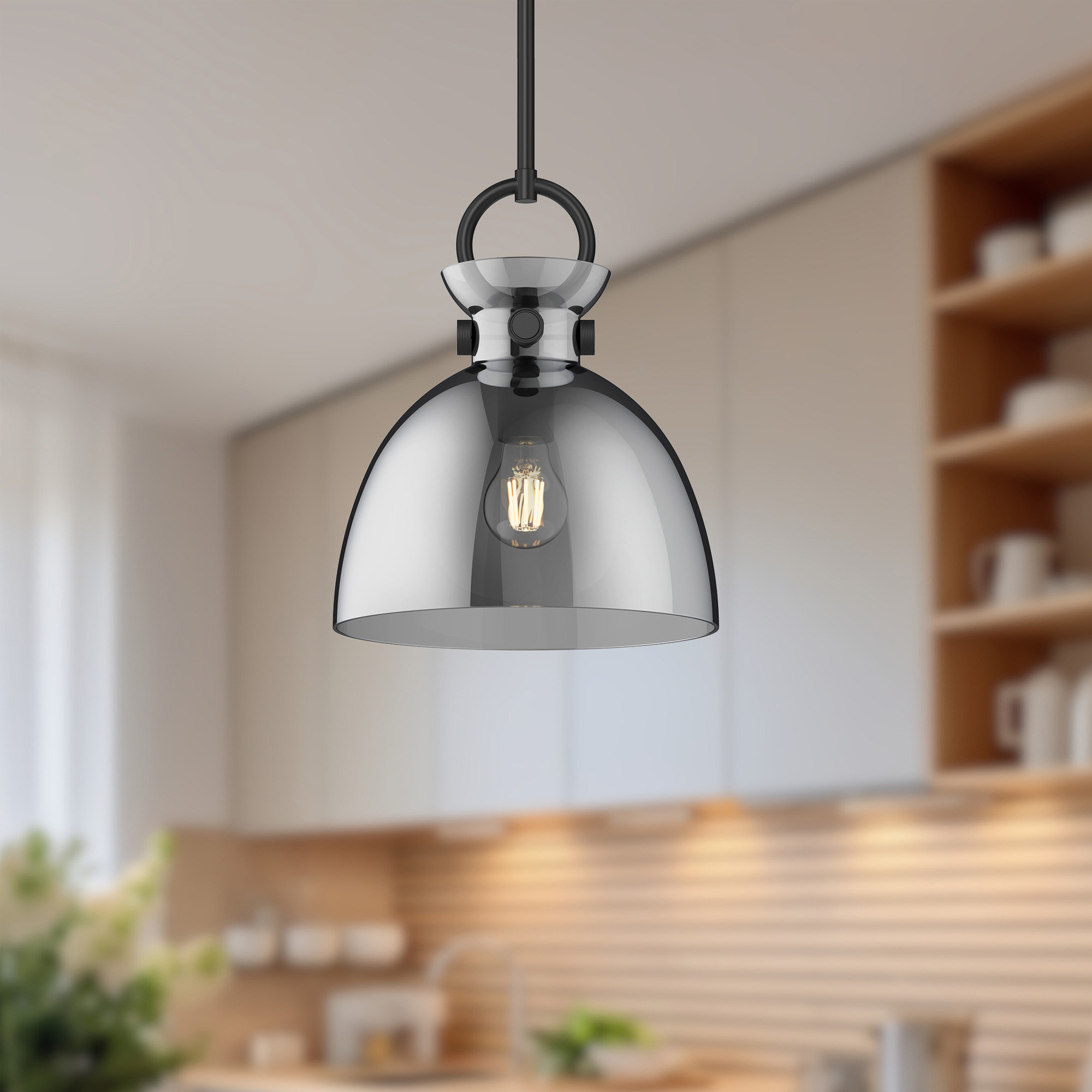 Tinka Single Light Glass Steel Pendant, 12.75" H x 10.5" W x 10.5" D, Smoked, Matte Black