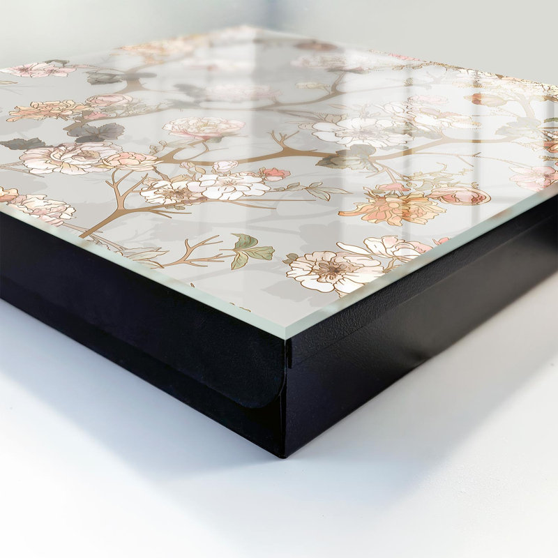 Decorative key box for wall, Opens to the right, 30x30x5, White, Elegant floral pattern on a light background, 