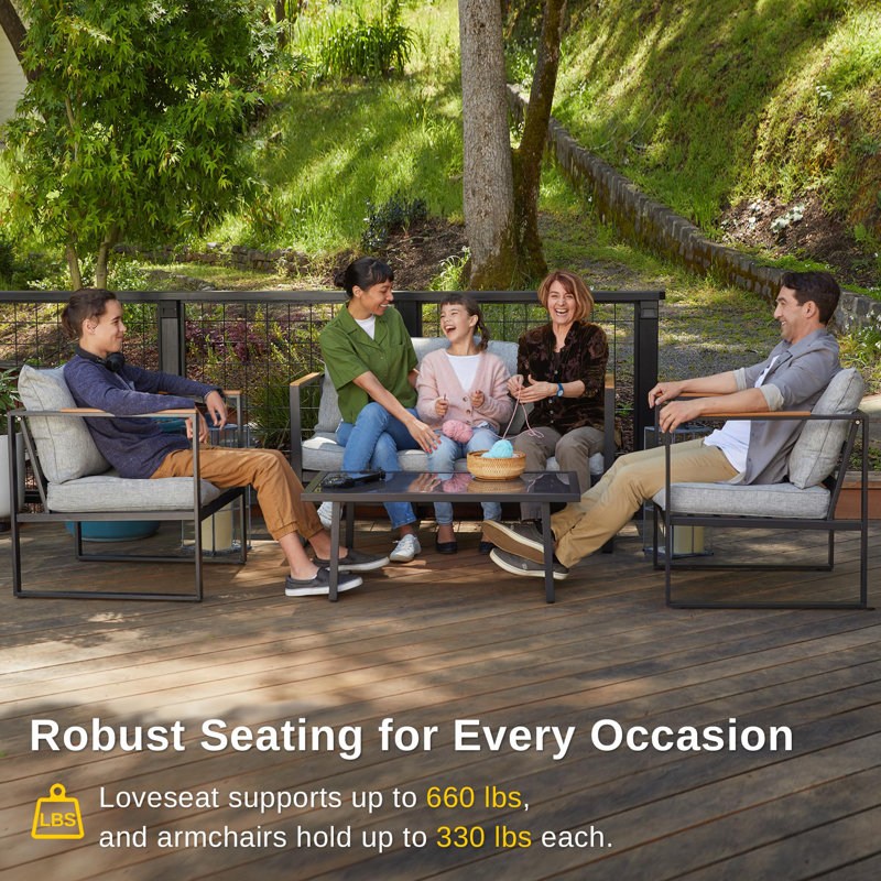 Light Gray and Black 4-Piece Patio Furniture Set with Cushions and Glass Table