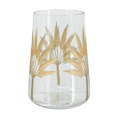 Cylindrical Glass Accent Vase with Gold Leaf Motifs - Clear/Gold