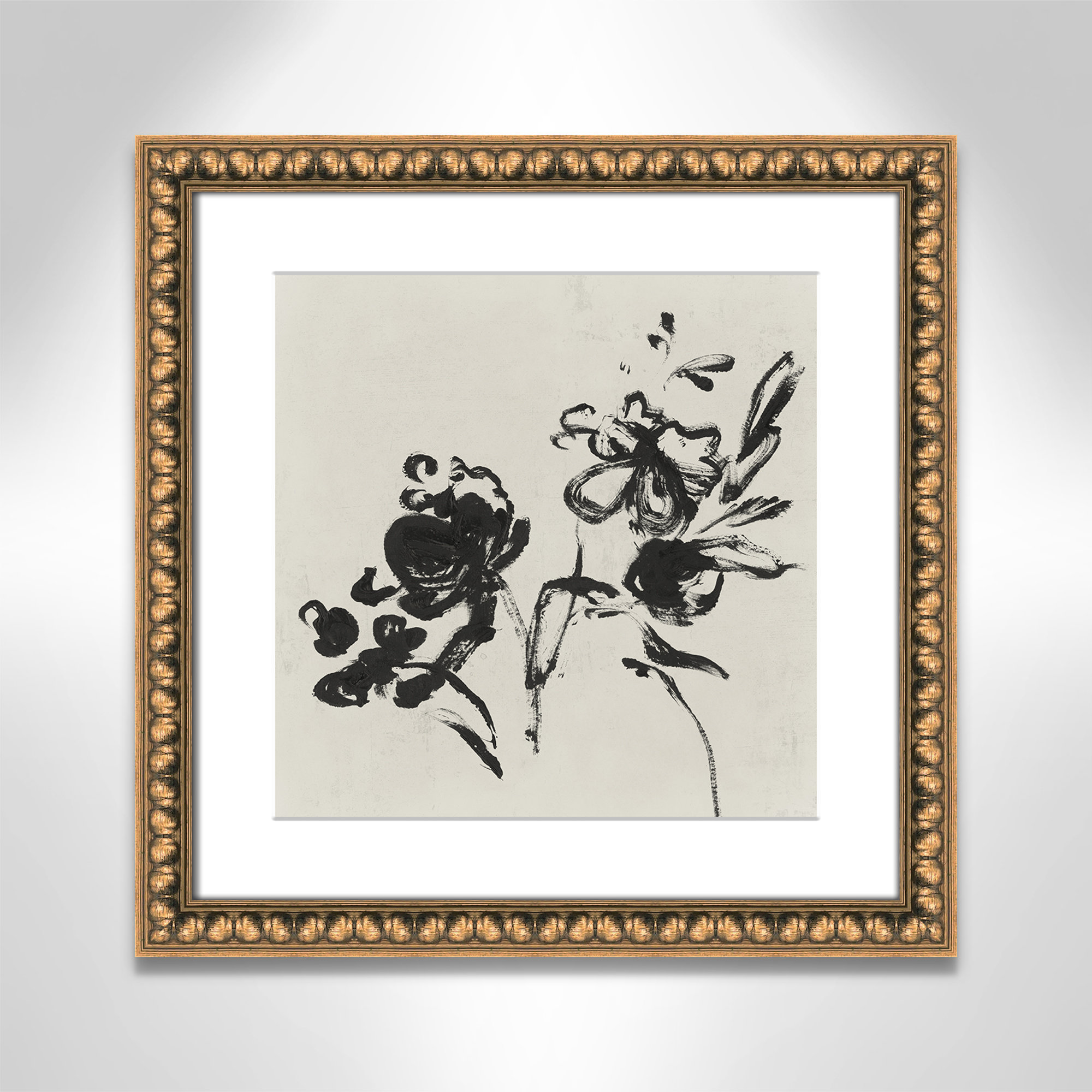 Black Florals I by Isabelle Z - Picture Frame Painting, Gold Bead, 18.25" H x 18.25" W 
