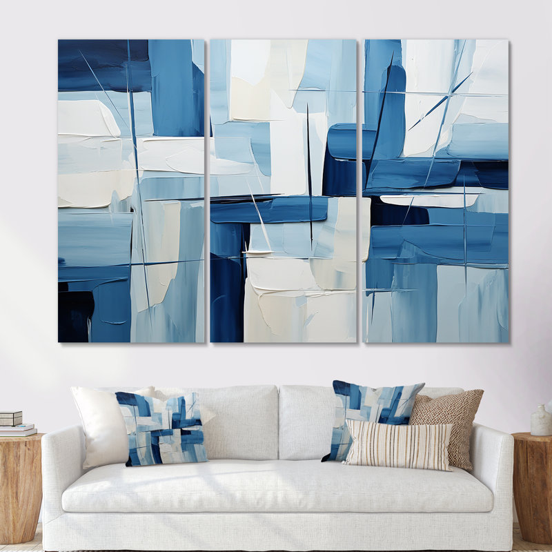 Nautique, formes géométriques blanches et bleues II - art mural géométrique, H 28 po x l 36 po x P 1 po, Toile tendue