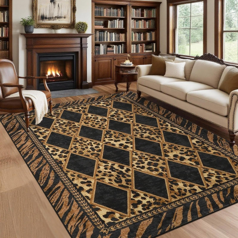 Tapis léopard pour salon 5 x 7 lavables pour chambre à coucher antidérapants brun / noir, Brun / Noir, Rectangle 5 pi x 7 pi