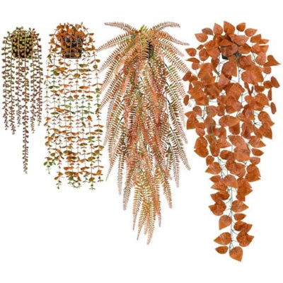 4Pcs Fake Fall Plants Hanging Orange Artificial Eucalyptus Plants, Boston Fern, Fake Potho, String Of Pearls For Halloween Bathroom Table Centerpiece Wall Mantle Decor Indoor And Outdoor