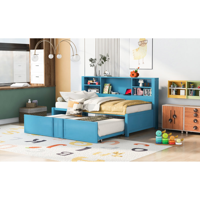 Lit de jour bleu en métal avec couchette, tablettes de rangement, rangement pour port
