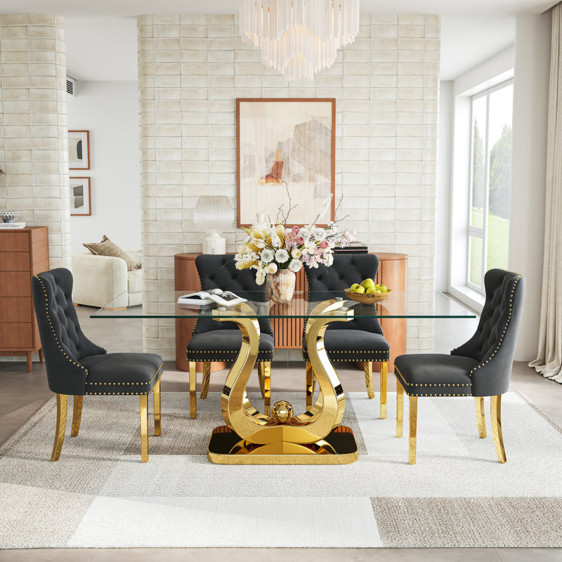 Modern 69" Rectangular Glass Dining Table With Polished Steel Base & Set Of Velvet Upholstered Dining Chairs, Black/Gold